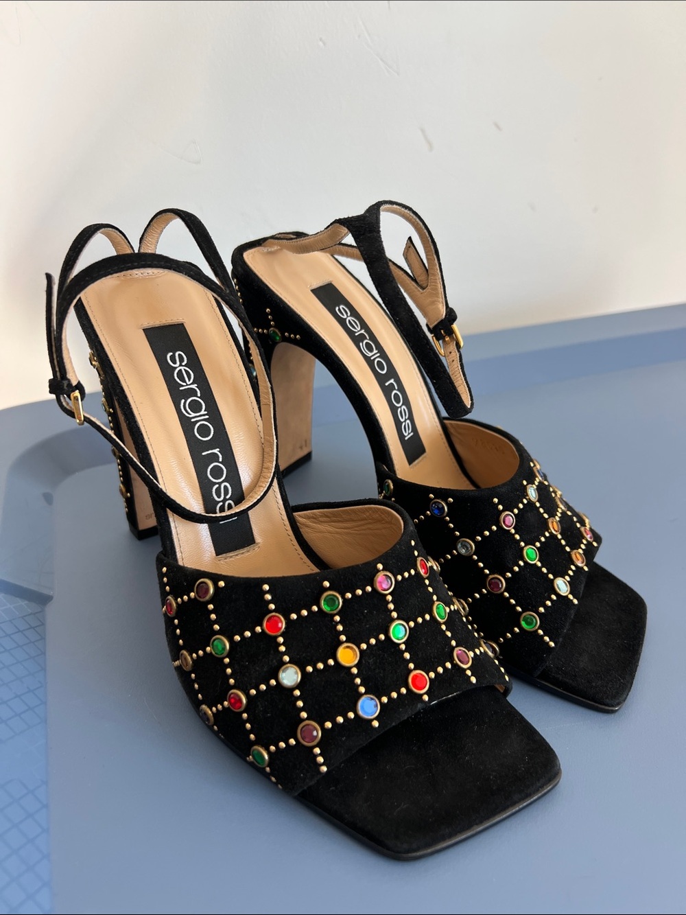 Sergio Rossi multicolor jeweled open toe black suede high heels sandals 38
